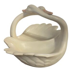 Fitz and Floyd Double White Ceramic Swans Dish, Trinket Holder Swans Intertwined